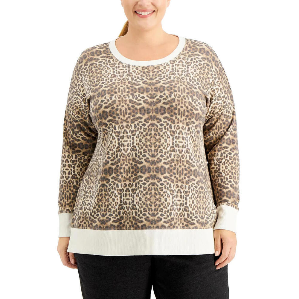 Ideology Womens Traditional Leopard-Print Scoop Neck Sweatshirt Plus Size 1X